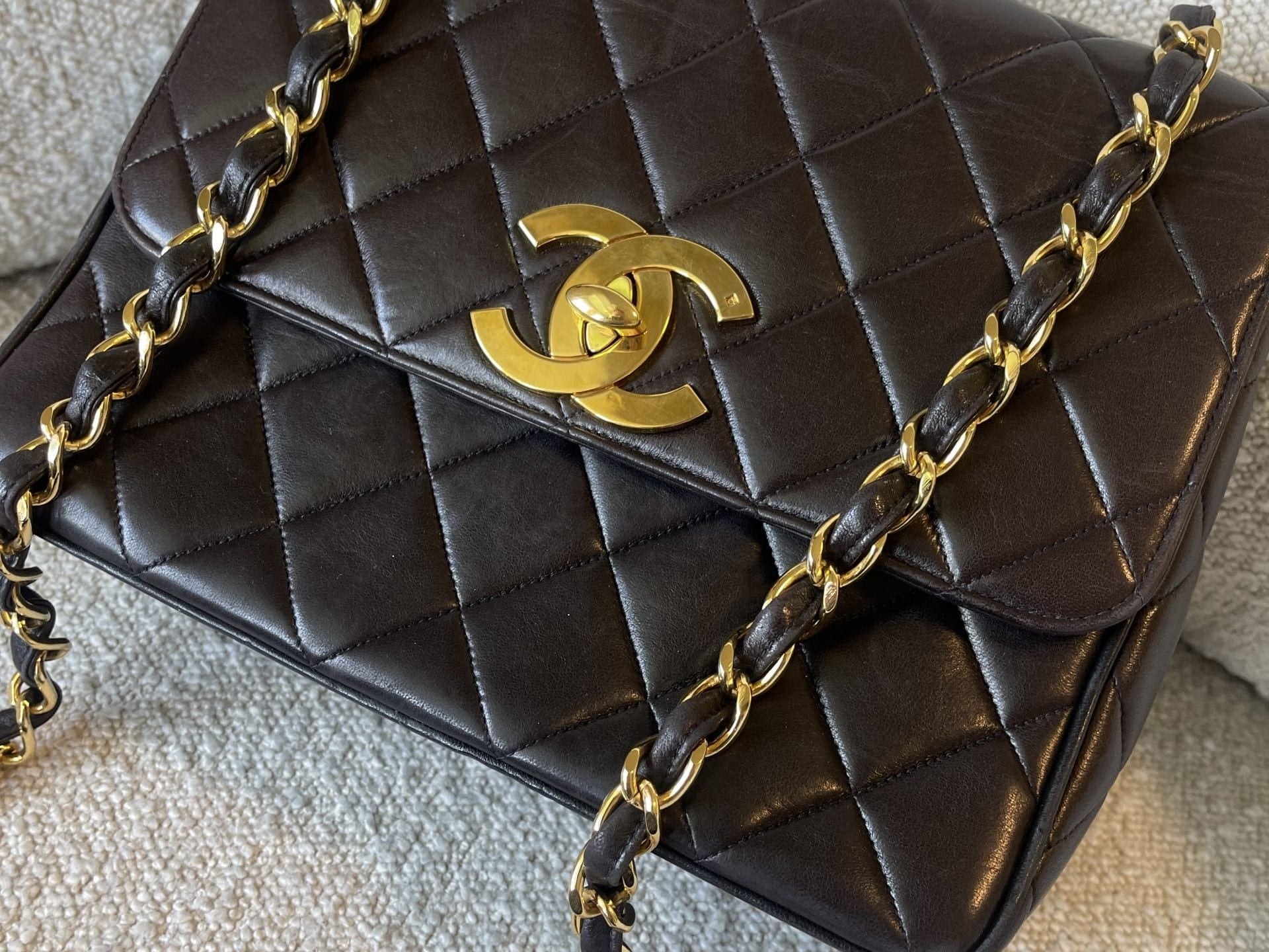 CHANEL Handbag Brown Vintage Lambskin Quilted Square Classic GHW (Shoulder Bag) - Redeluxe
