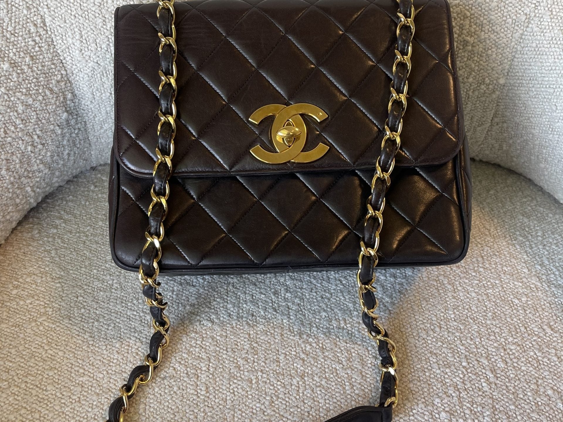 CHANEL Handbag Brown Vintage Lambskin Quilted Square Classic GHW (Shoulder Bag) - Redeluxe