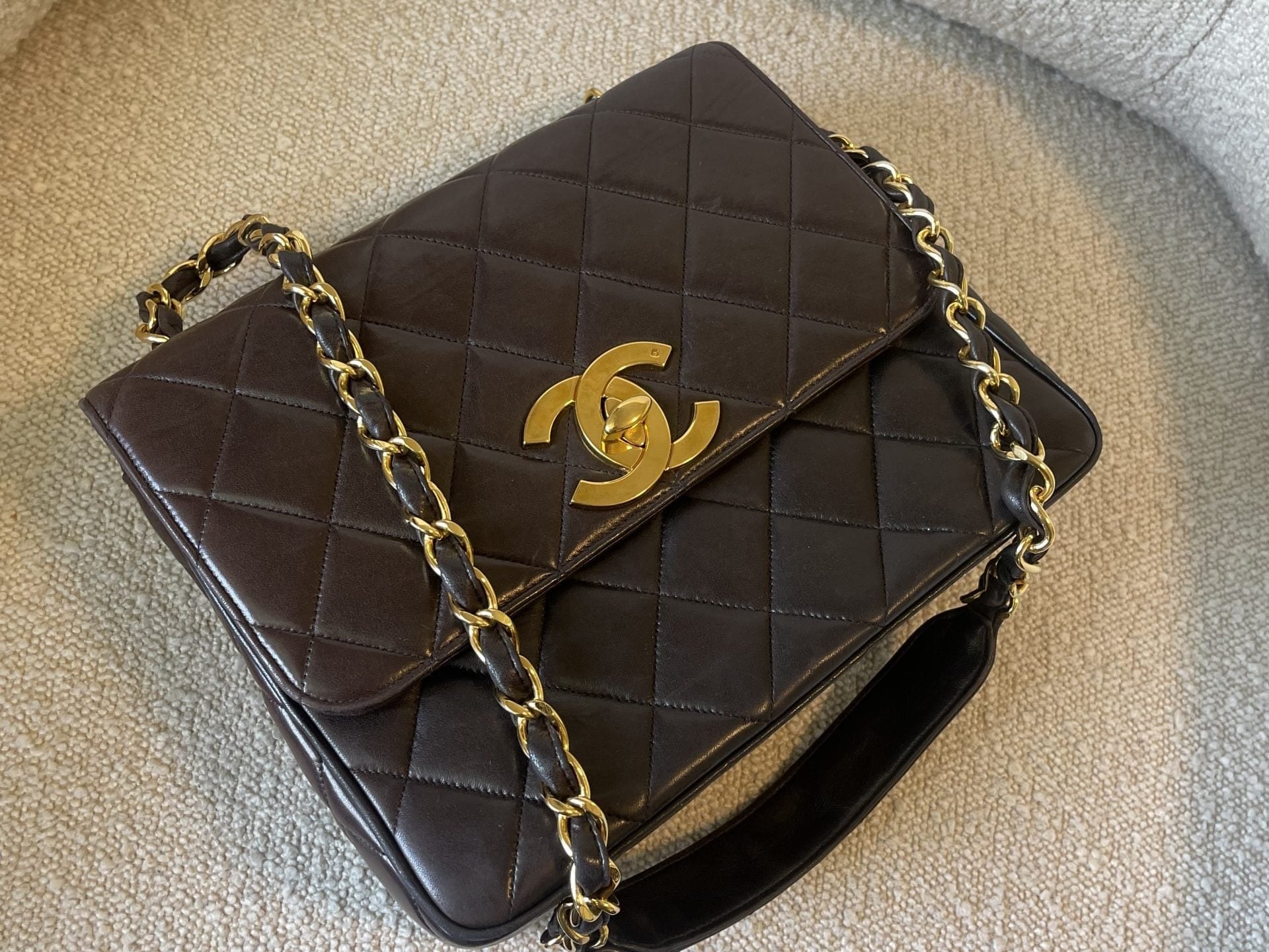 CHANEL Handbag Brown Vintage Lambskin Quilted Square Classic GHW (Shoulder Bag) - Redeluxe