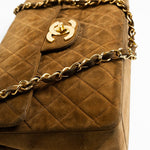 CHANEL Handbag Brown Vintage Tan/Brown Suede Quilted Jumbo XL Single Flap 24k GHW - Redeluxe