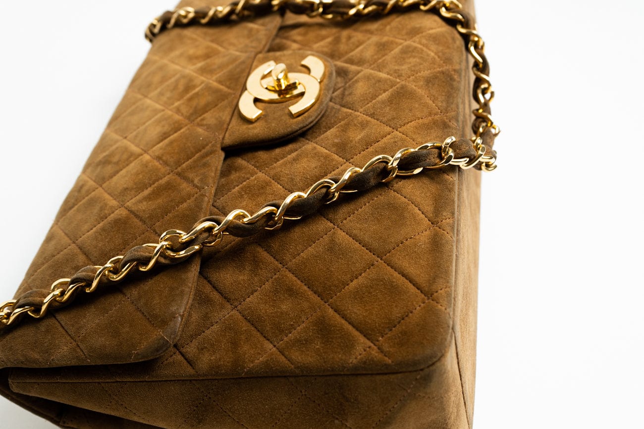 CHANEL Handbag Brown Vintage Tan/Brown Suede Quilted Jumbo XL Single Flap 24k GHW - Redeluxe