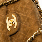 CHANEL Handbag Brown Vintage Tan/Brown Suede Quilted Jumbo XL Single Flap 24k GHW - Redeluxe