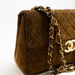 CHANEL Handbag Brown Vintage Tan/Brown Suede Quilted Jumbo XL Single Flap 24k GHW - Redeluxe