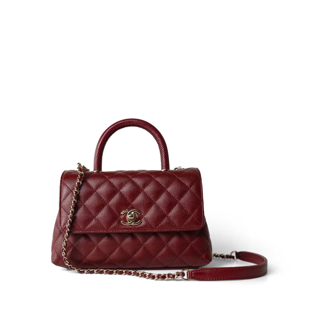 CHANEL Handbag Burgundy Burgundy Caviar Quilted Coco Handle Small Light Gold Hardware - Redeluxe