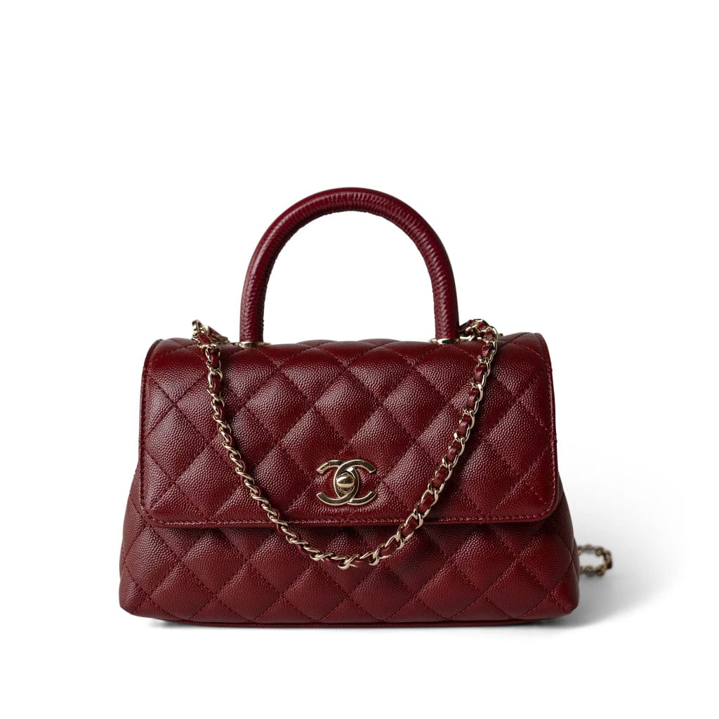 CHANEL Handbag Burgundy Burgundy Caviar Quilted Coco Handle Small Light Gold Hardware - Redeluxe