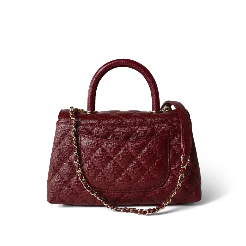 CHANEL Handbag Burgundy Burgundy Caviar Quilted Coco Handle Small Light Gold Hardware - Redeluxe