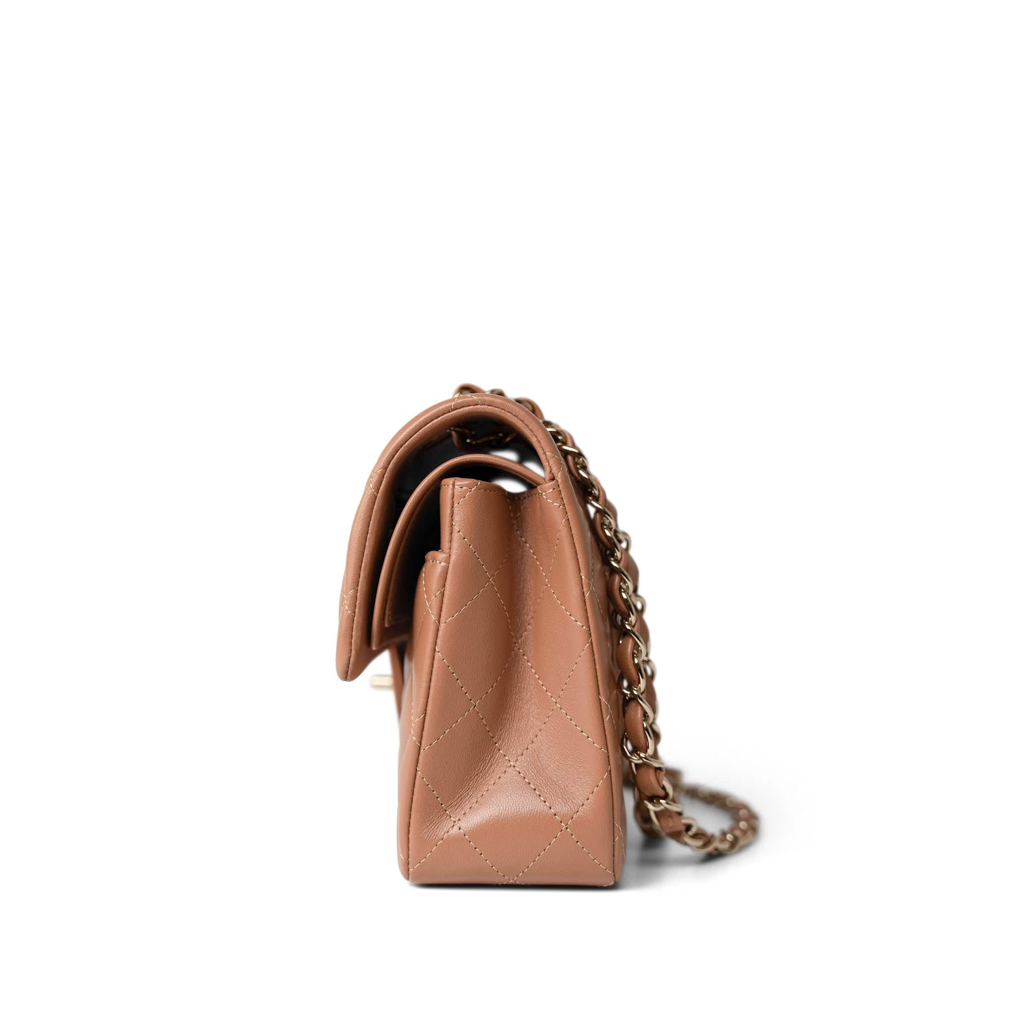 CHANEL Handbag Caramel 22S Caramel Lambskin Quilted Classic Flap Small Light Gold Hardware - Redeluxe