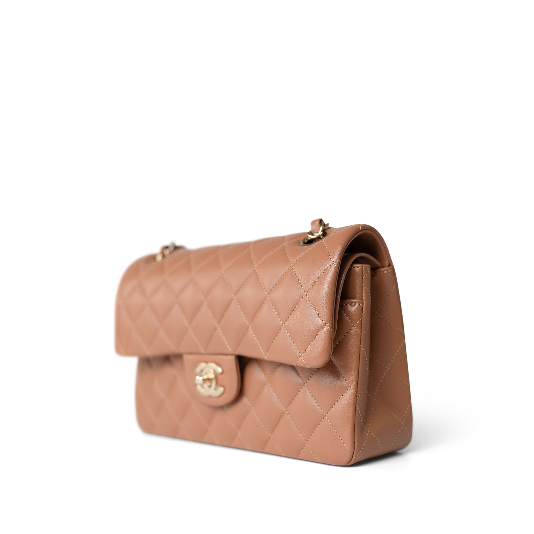 CHANEL Handbag Caramel 22S Caramel Lambskin Quilted Classic Flap Small Light Gold Hardware - Redeluxe