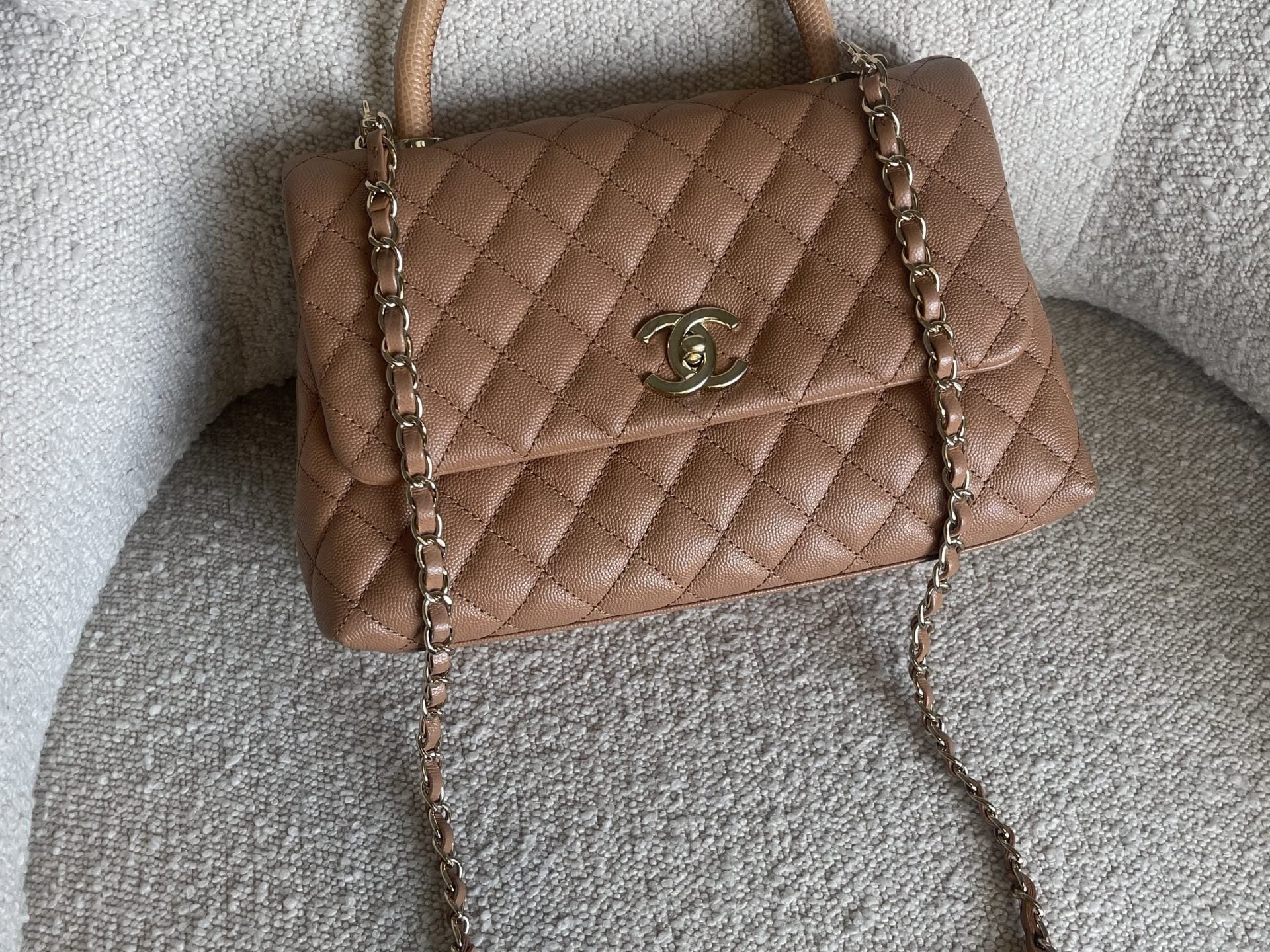 CHANEL Handbag Caramel Caviar Quilted Coco Handle Medium LGHW - Redeluxe
