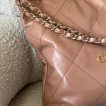 CHANEL Handbag Caramel Shiny Calfskin Quilted 22 Drawstring Bag Small GHW - Redeluxe