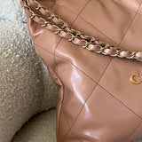 CHANEL Handbag Caramel Shiny Calfskin Quilted 22 Drawstring Bag Small GHW - Redeluxe