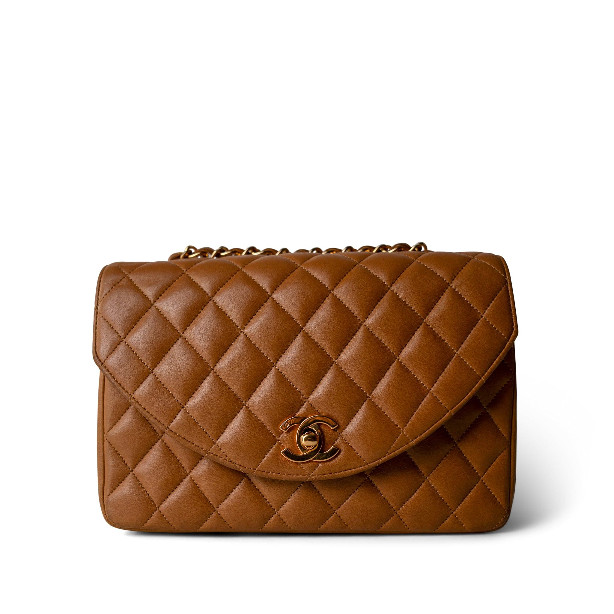 CHANEL Handbag Caramel Vintage Caramel Lambskin Quilted Half Moon Flap Gold Hardware - Redeluxe