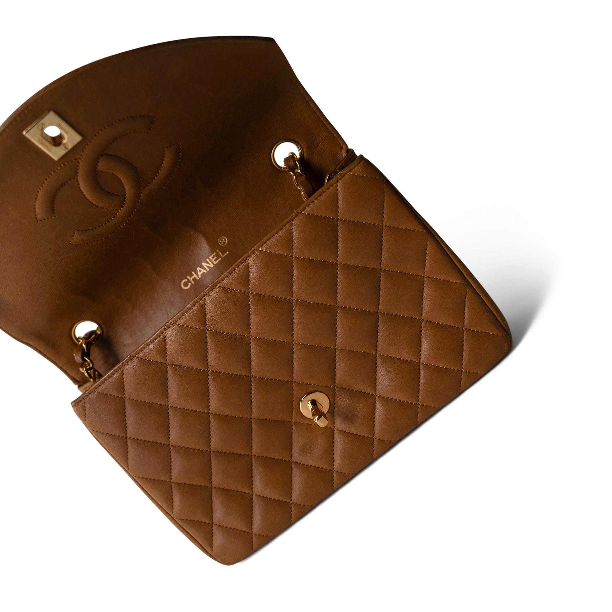 CHANEL Handbag Caramel Vintage Caramel Lambskin Quilted Half Moon Flap Gold Hardware - Redeluxe
