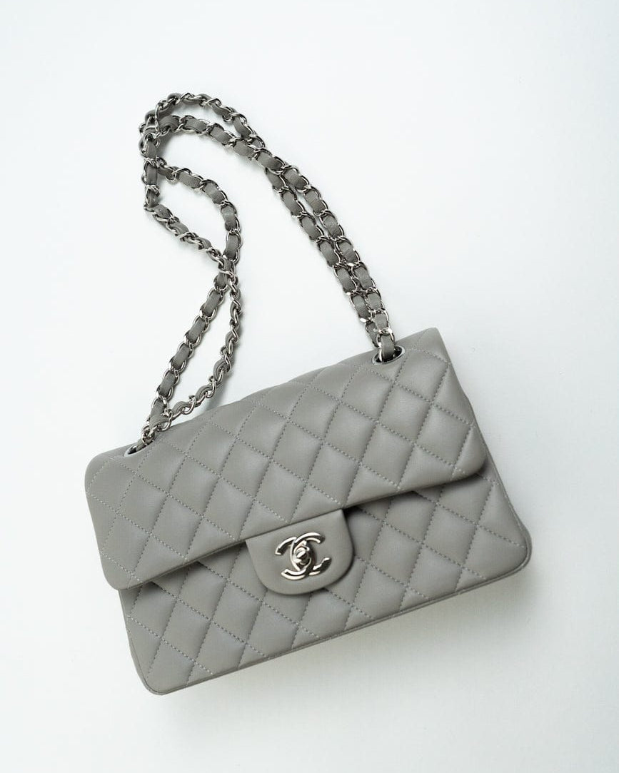 CHANEL Handbag Chanel 19B Grey Lambskin Quilted Classic Flap Small SHW - Redeluxe