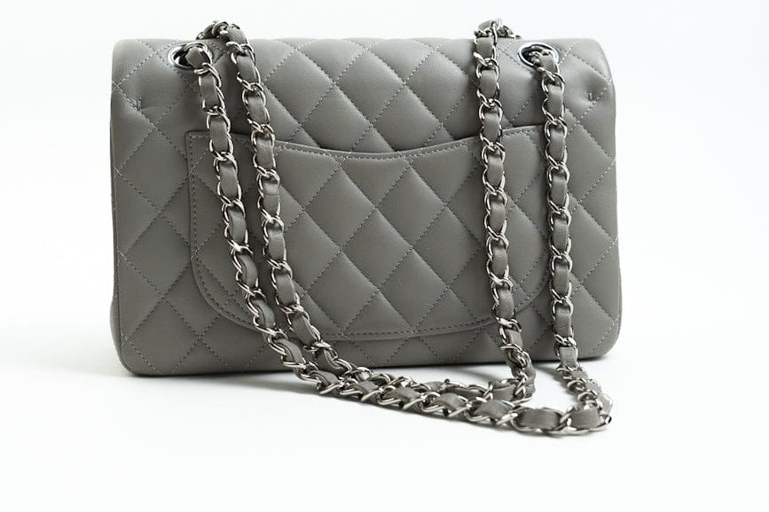 CHANEL Handbag Chanel 19B Grey Lambskin Quilted Classic Flap Small SHW - Redeluxe