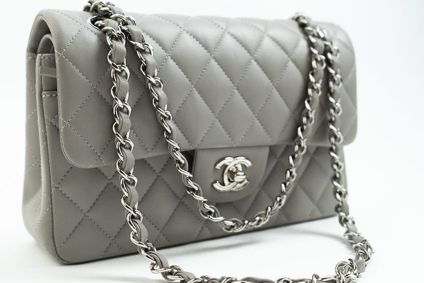CHANEL Handbag Chanel 19B Grey Lambskin Quilted Classic Flap Small SHW - Redeluxe