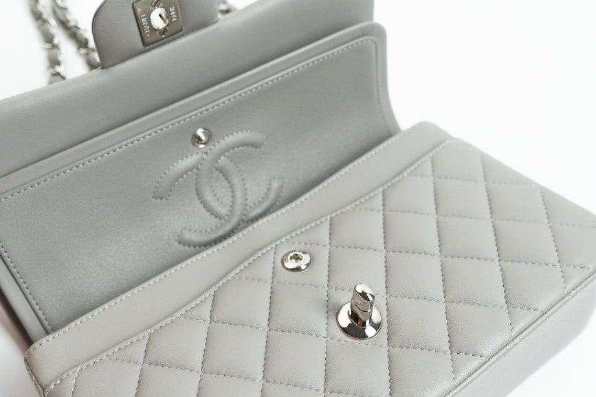 CHANEL Handbag Chanel 19B Grey Lambskin Quilted Classic Flap Small SHW - Redeluxe