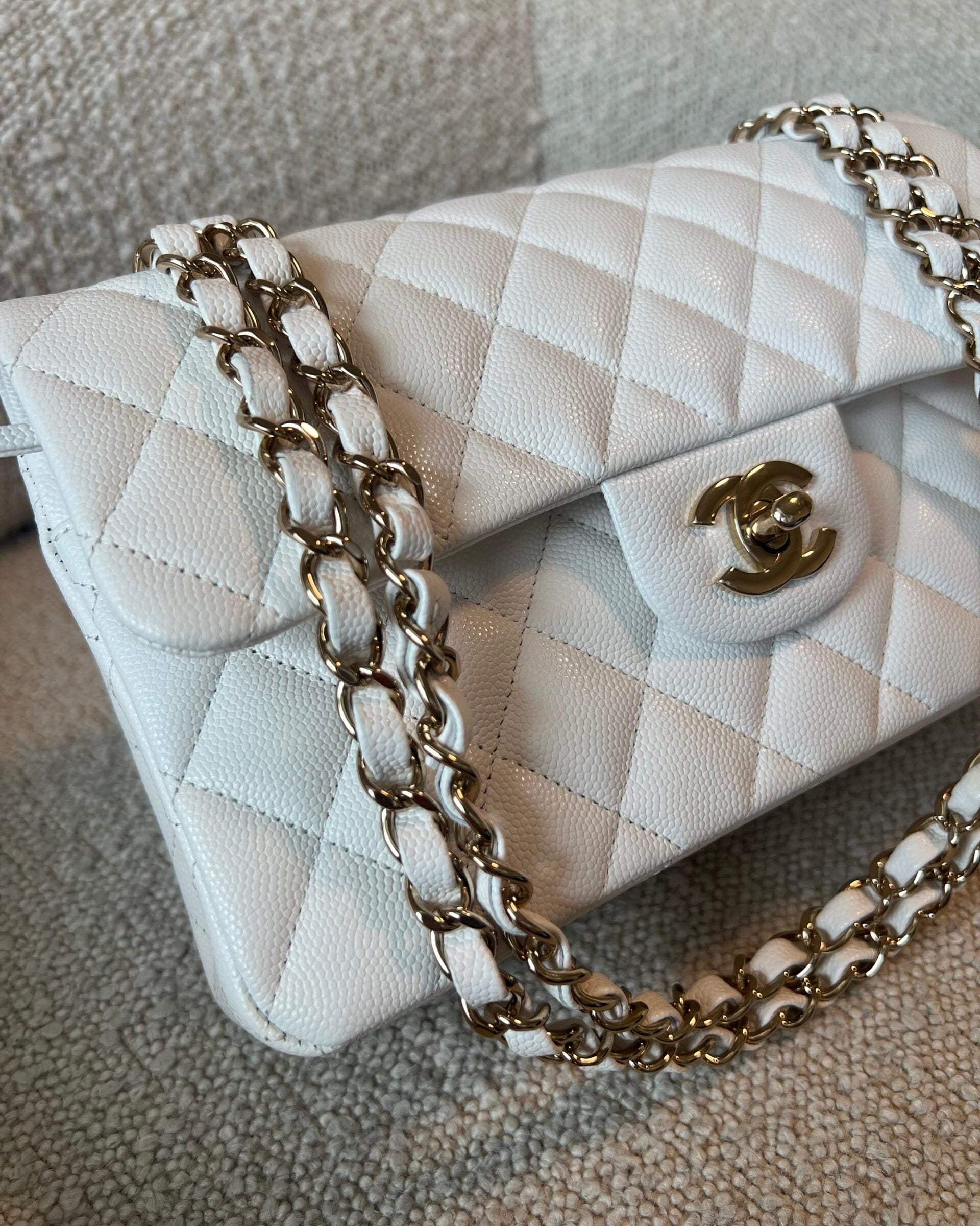 CHANEL Handbag Chanel 21A White Caviar Quilted Classic Flap Small LGHW - Redeluxe