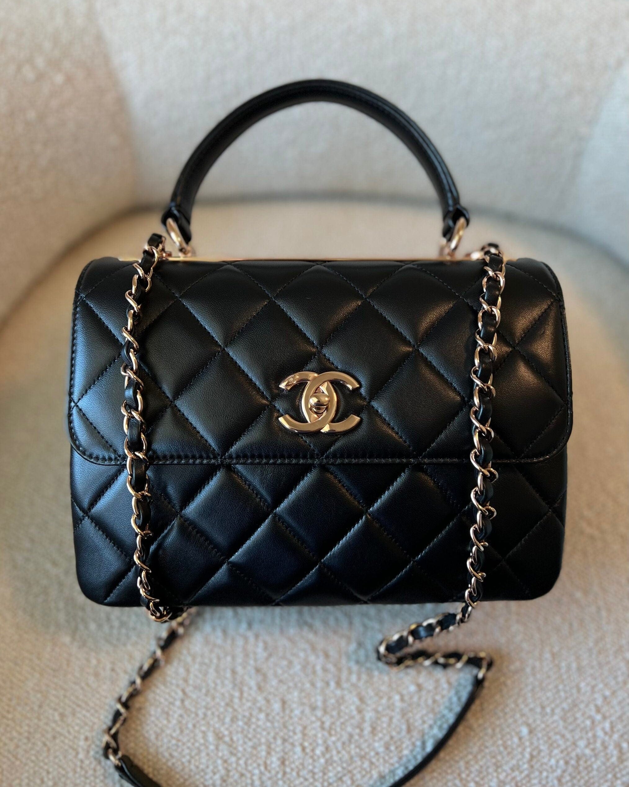 CHANEL Handbag Chanel 21B Black Lambskin Quilted Trendy CC Rose Gold Hardware - Redeluxe