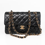 CHANEL Handbag Chanel 21B Small Black Lambskin Quilted Classic Flap Rose Gold Hardware - Redeluxe