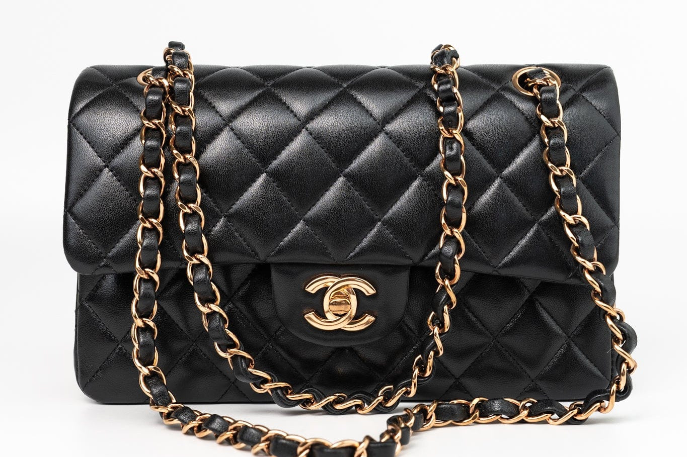 CHANEL Handbag Chanel 21B Small Black Lambskin Quilted Classic Flap Rose Gold Hardware - Redeluxe