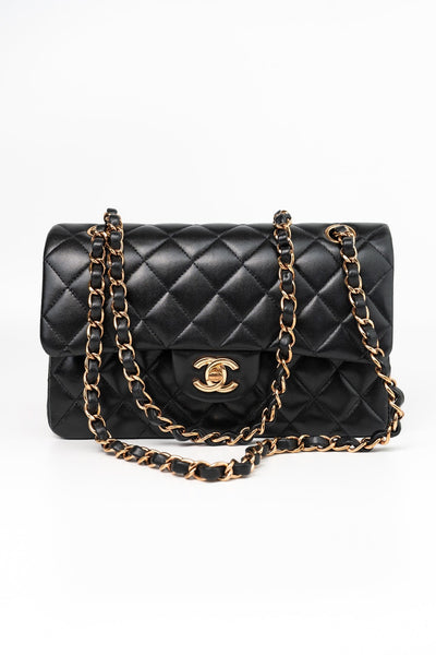Chanel 21B Small Black Lambskin Quilted Classic Flap Rose Gold