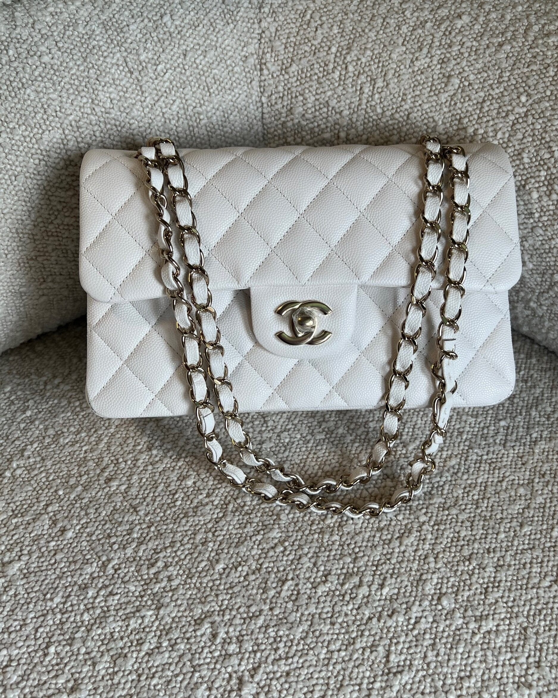 CHANEL Handbag Chanel 21B White Caviar Quilted Classic Flap Small LGHW - Redeluxe