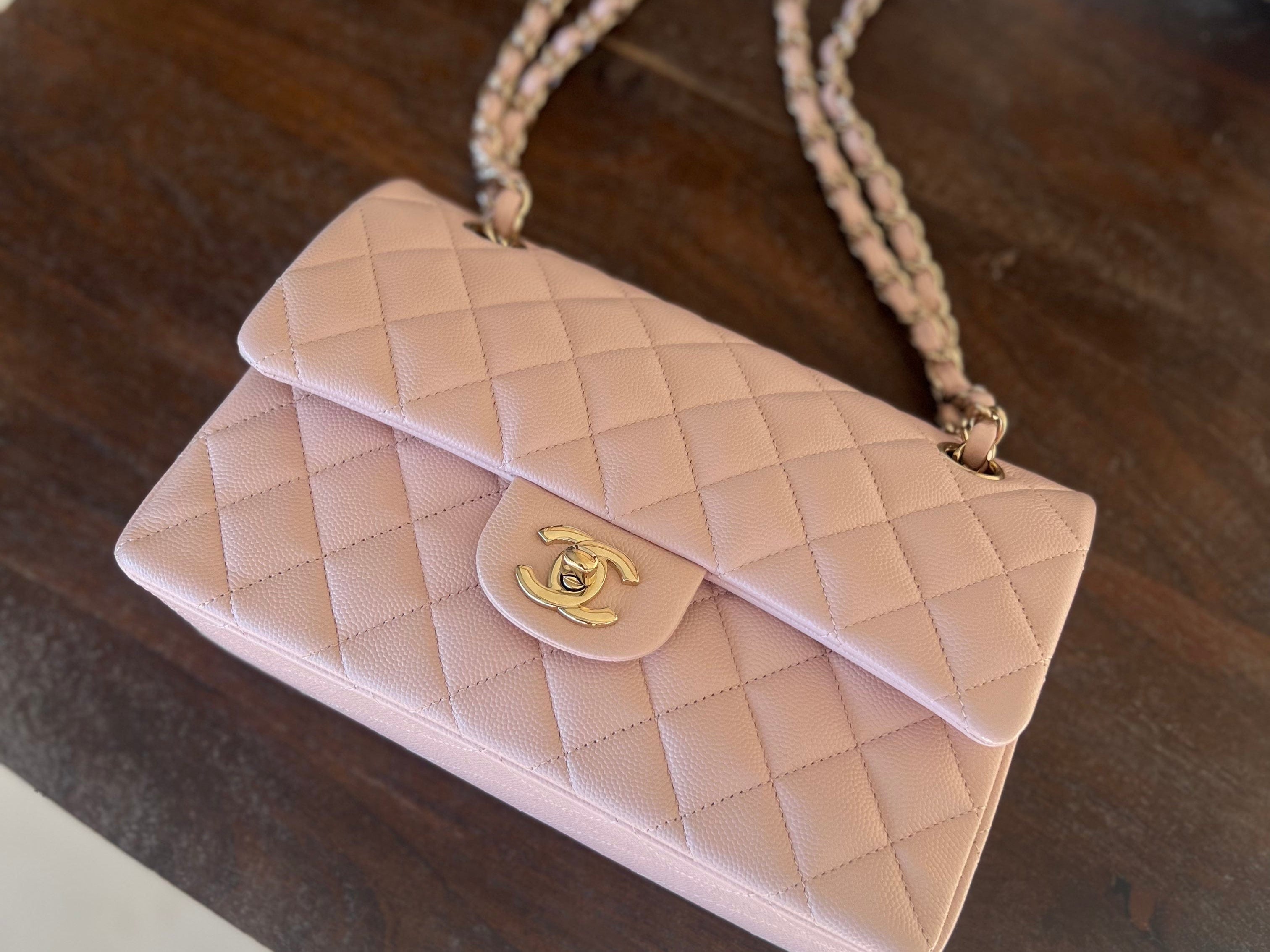 CHANEL Handbag CHANEL 21C LIGHT PINK CAVIAR QUILTED CLASSIC FLAP SMALL LIGHT GOLD HARDWARE - Redeluxe