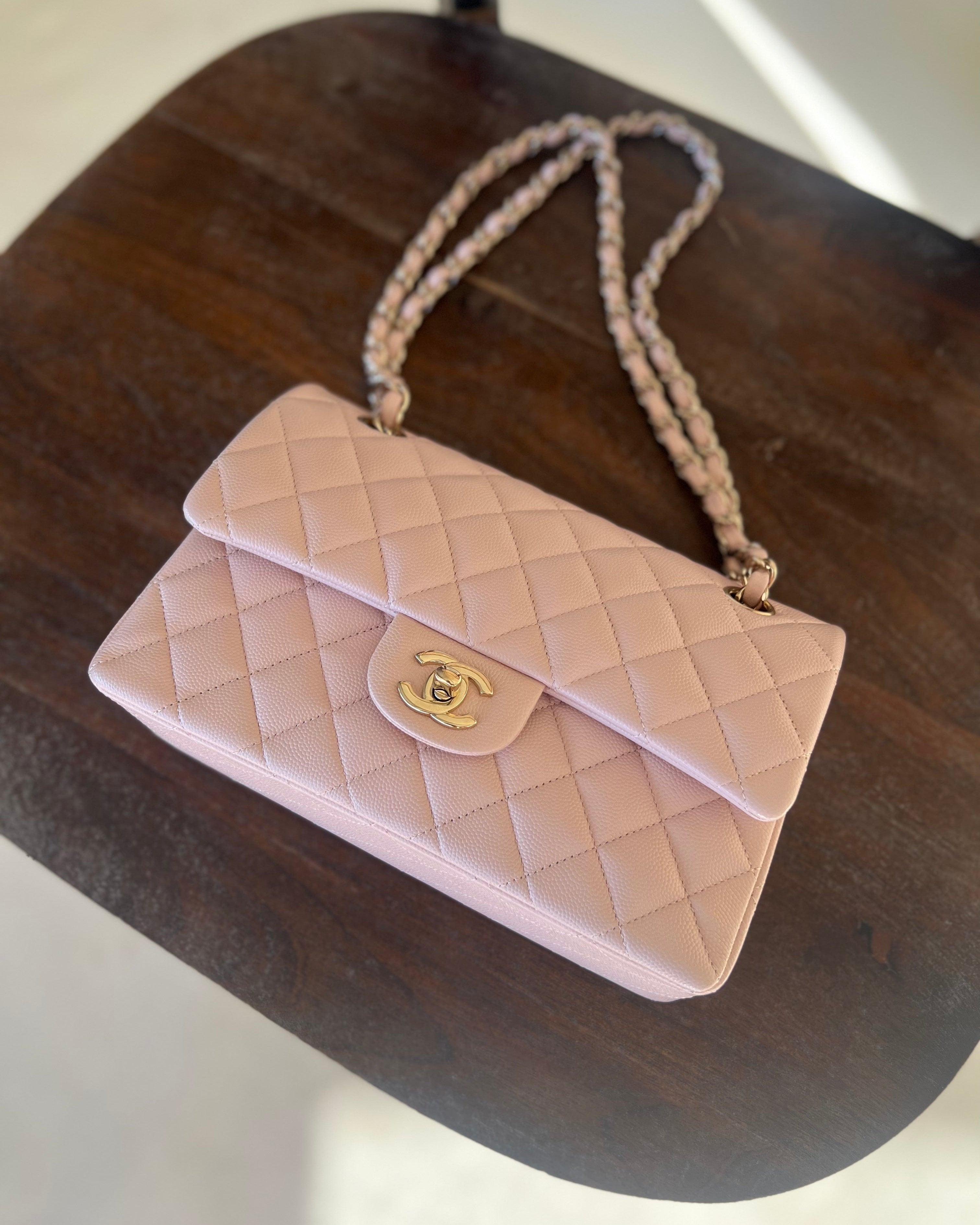 CHANEL Handbag CHANEL 21C LIGHT PINK CAVIAR QUILTED CLASSIC FLAP SMALL LIGHT GOLD HARDWARE - Redeluxe