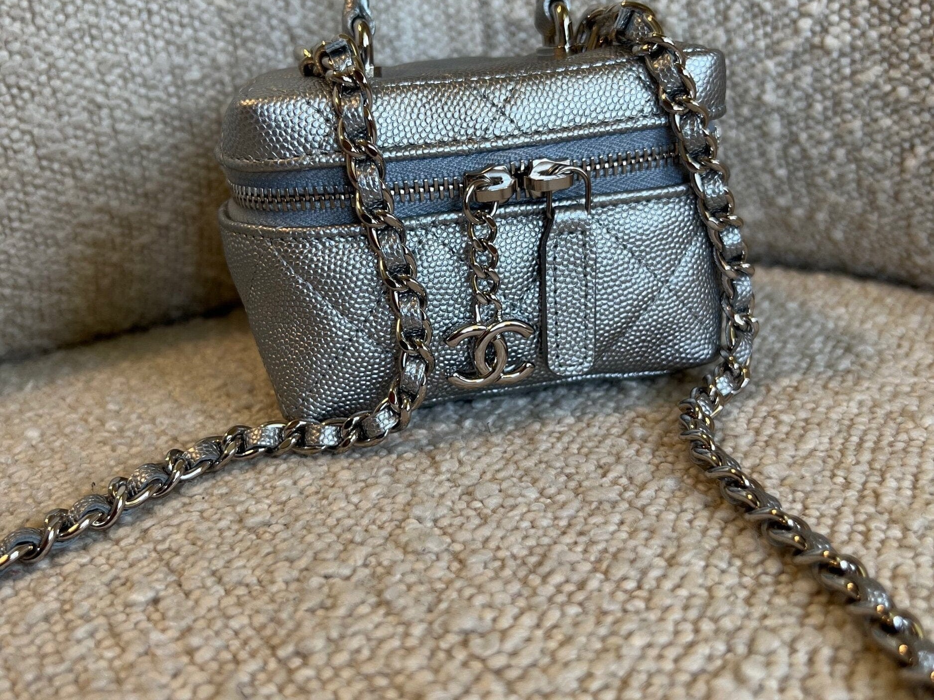 CHANEL Handbag Chanel 21S Metallic Silver Micro Vanity Grained Calfskin SHW - Redeluxe