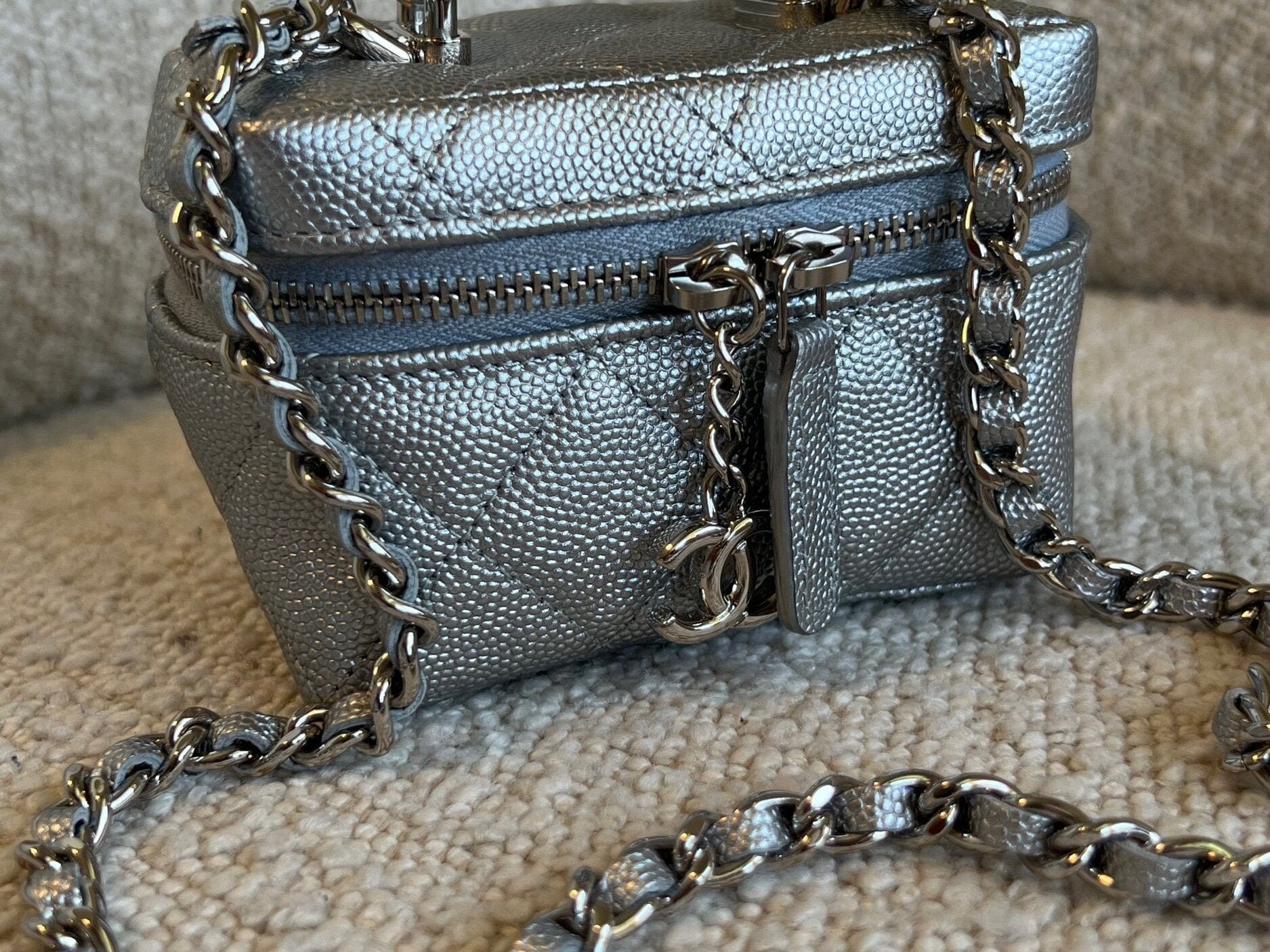 CHANEL Handbag Chanel 21S Metallic Silver Micro Vanity Grained Calfskin SHW - Redeluxe