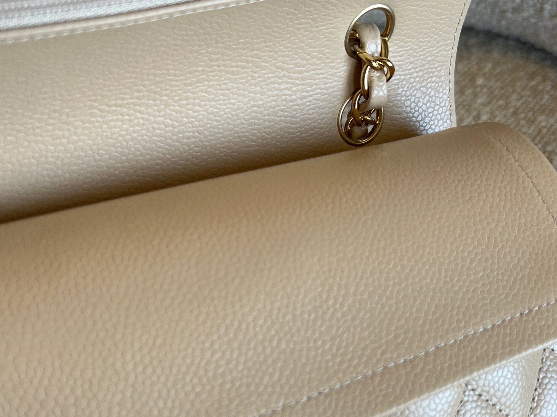 CHANEL Handbag Chanel Beige Clair Caviar Quilted Classic Flap  Medium GHW - Redeluxe