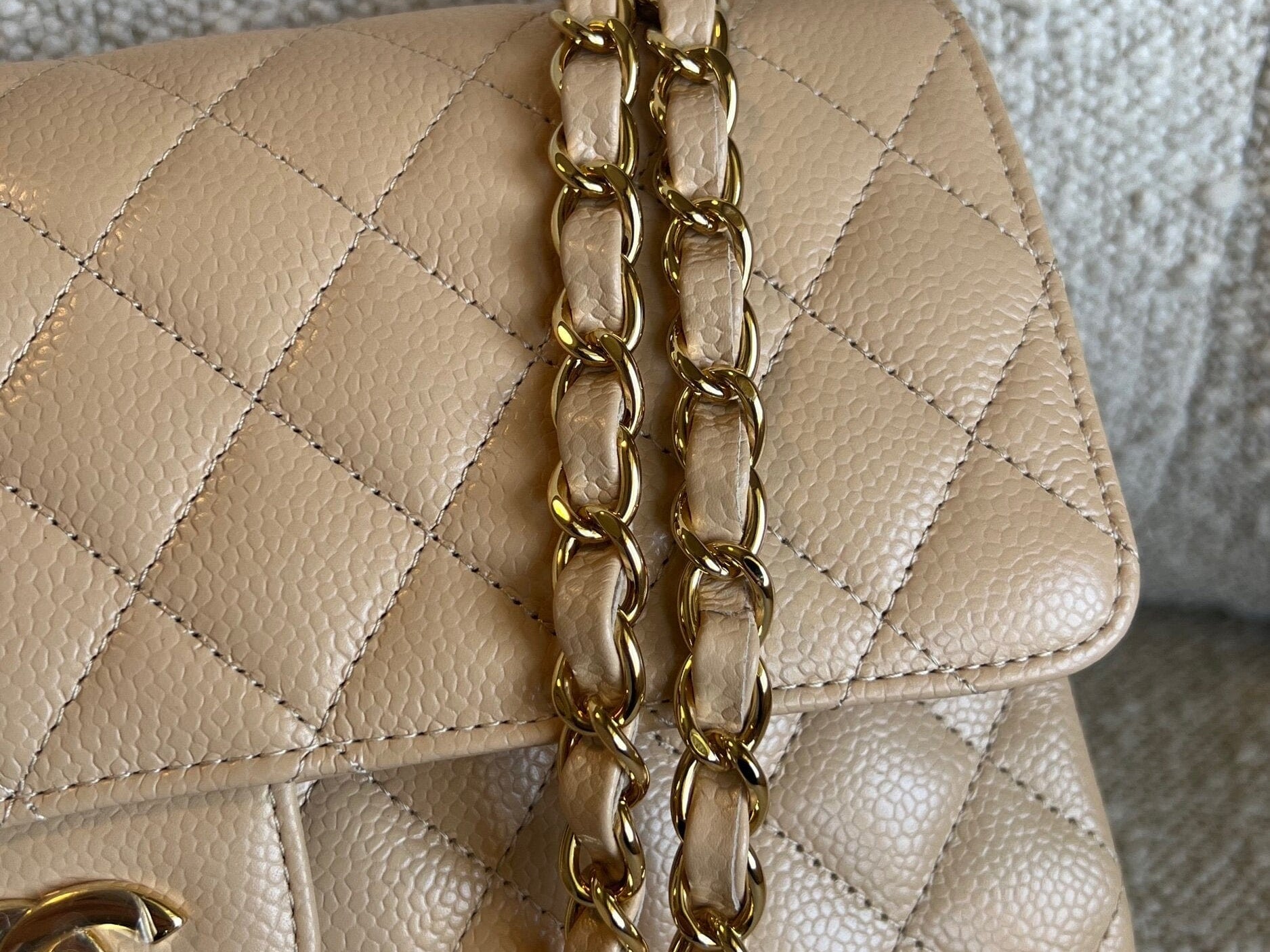 CHANEL Handbag Chanel Beige Clair Caviar Quilted Classic Flap  Medium GHW - Redeluxe