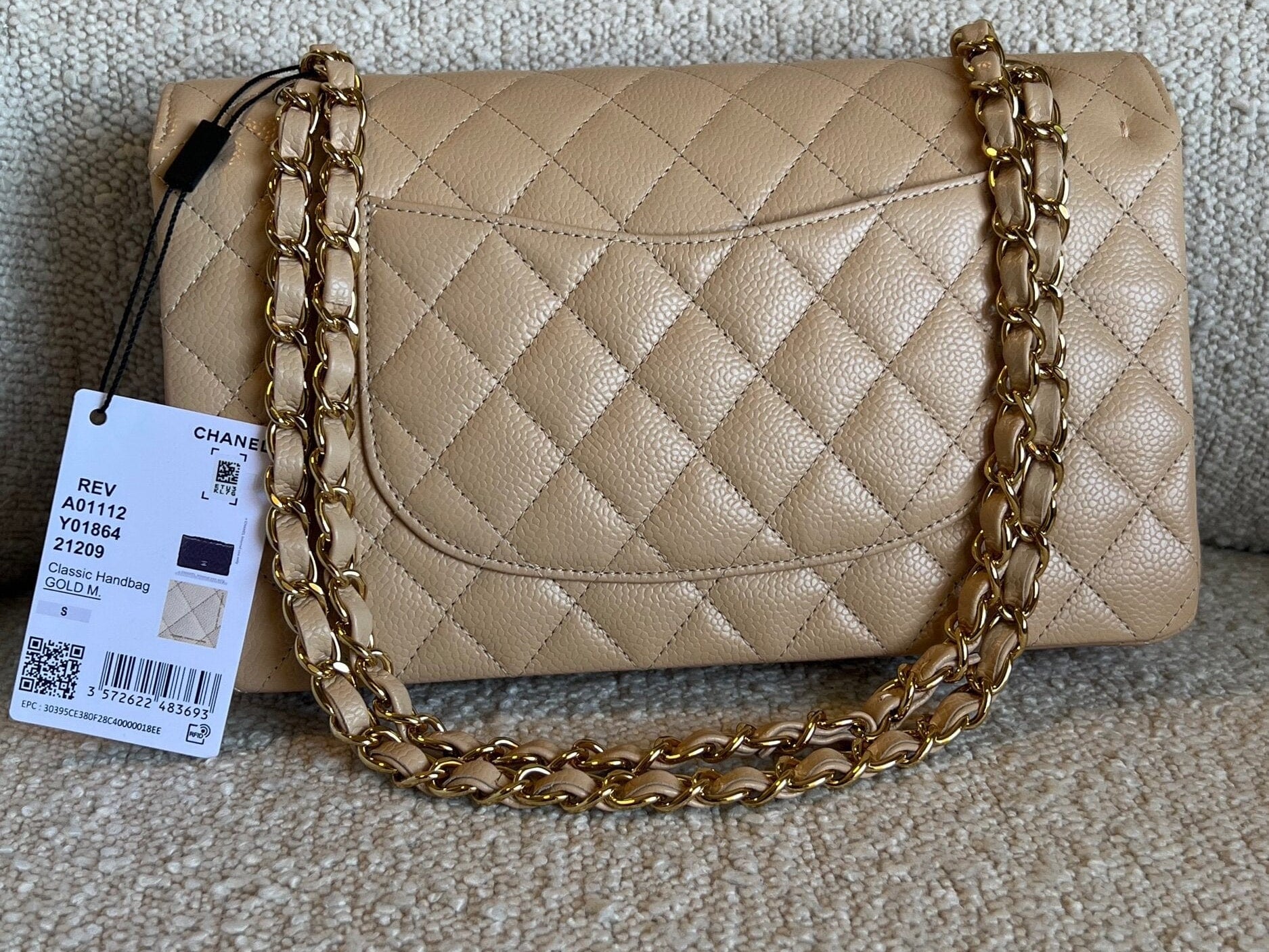 CHANEL Handbag Chanel Beige Clair Caviar Quilted Classic Flap  Medium GHW - Redeluxe