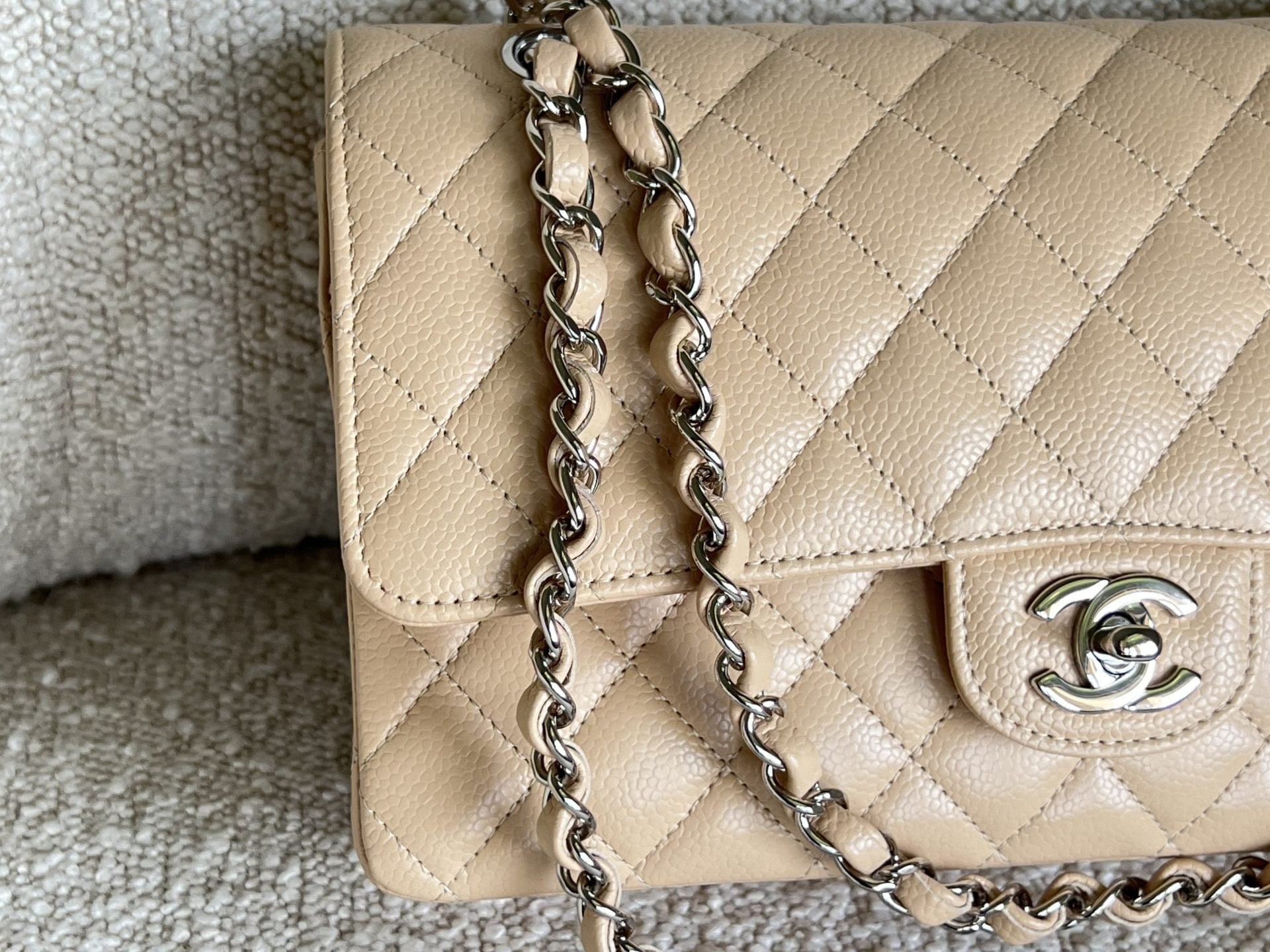CHANEL Handbag Chanel Beige Clair Caviar Quilted Classic Flap Medium SHW - Redeluxe