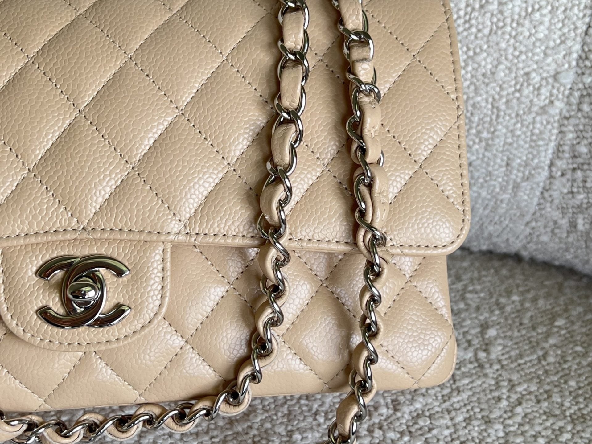 CHANEL Handbag Chanel Beige Clair Caviar Quilted Classic Flap Medium SHW - Redeluxe