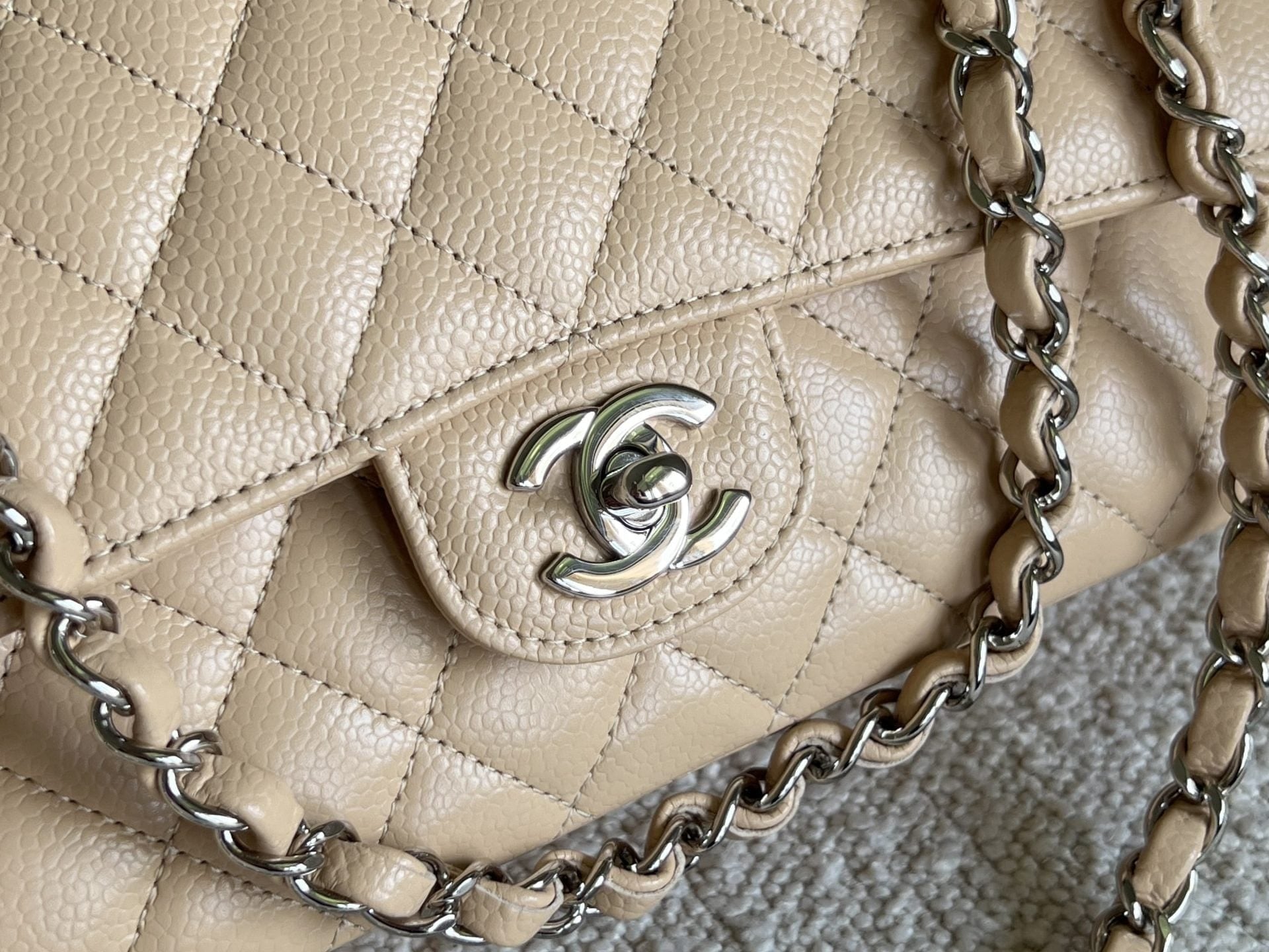 CHANEL Handbag Chanel Beige Clair Caviar Quilted Classic Flap Medium SHW - Redeluxe