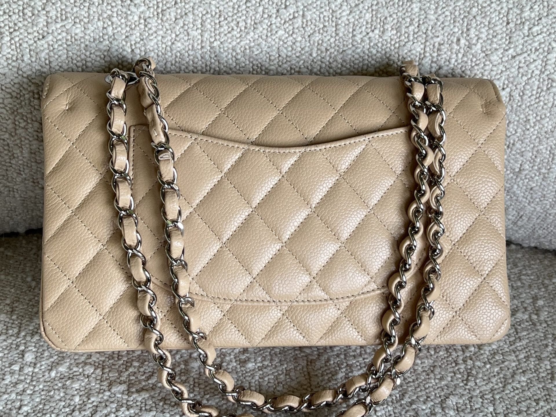 CHANEL Handbag Chanel Beige Clair Caviar Quilted Classic Flap Medium SHW - Redeluxe
