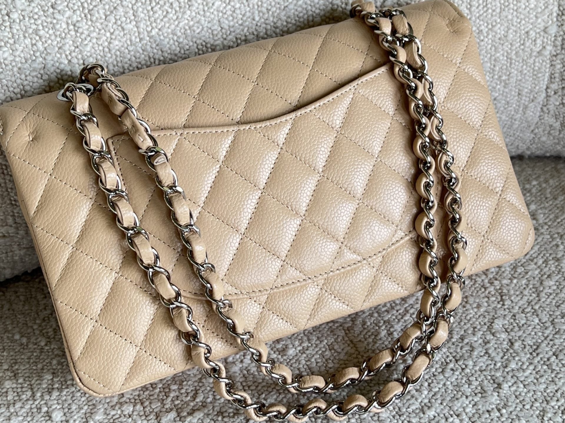 CHANEL Handbag Chanel Beige Clair Caviar Quilted Classic Flap Medium SHW - Redeluxe
