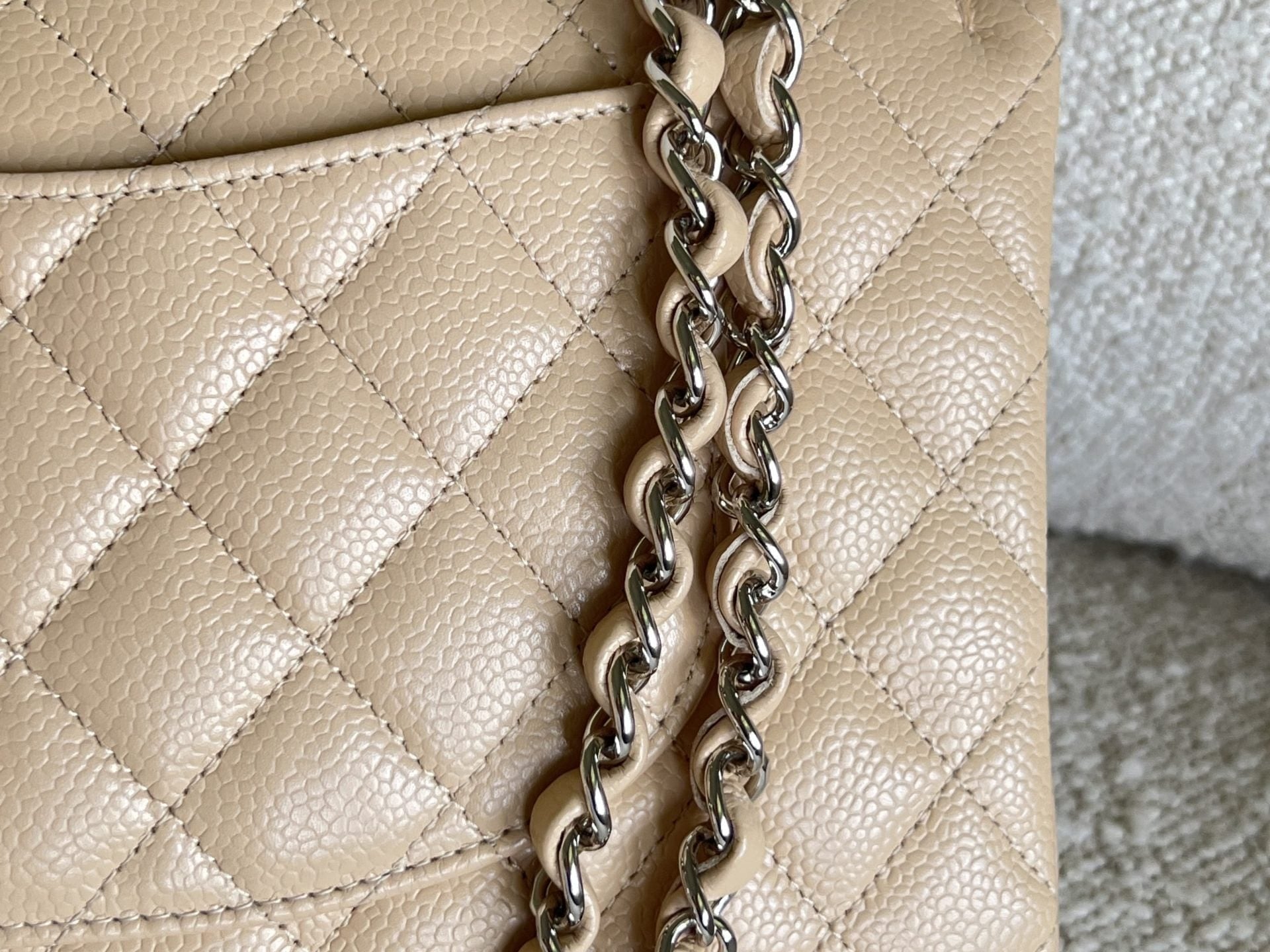 CHANEL Handbag Chanel Beige Clair Caviar Quilted Classic Flap Medium SHW - Redeluxe