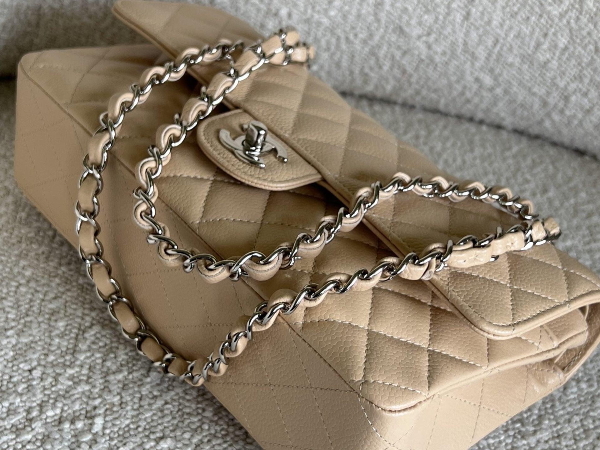 CHANEL Handbag Chanel Beige Clair Caviar Quilted Classic Flap Medium SHW - Redeluxe