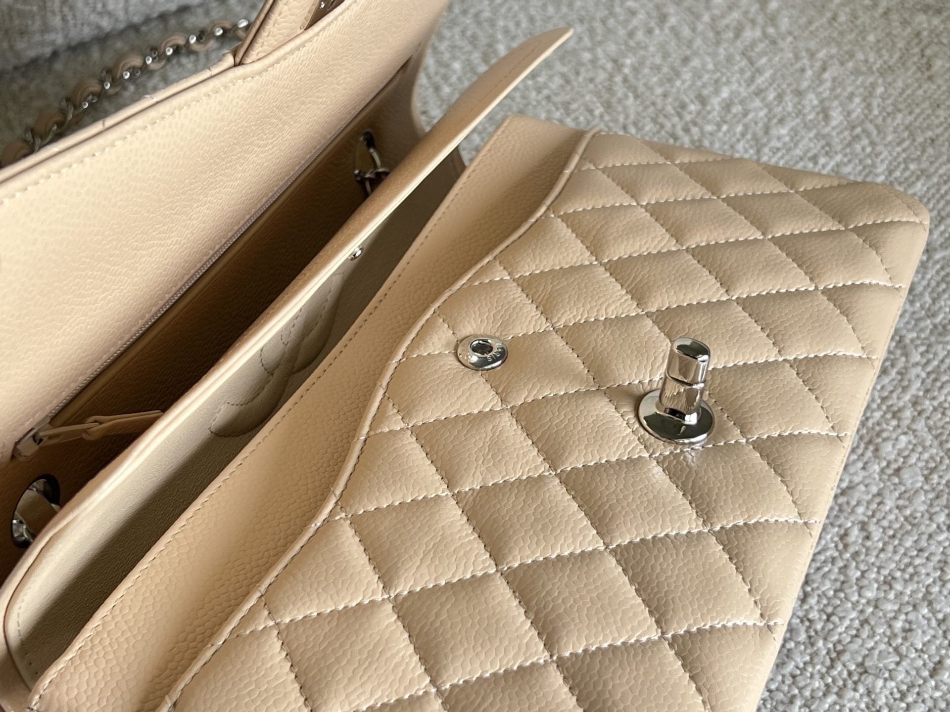 CHANEL Handbag Chanel Beige Clair Caviar Quilted Classic Flap Medium SHW - Redeluxe