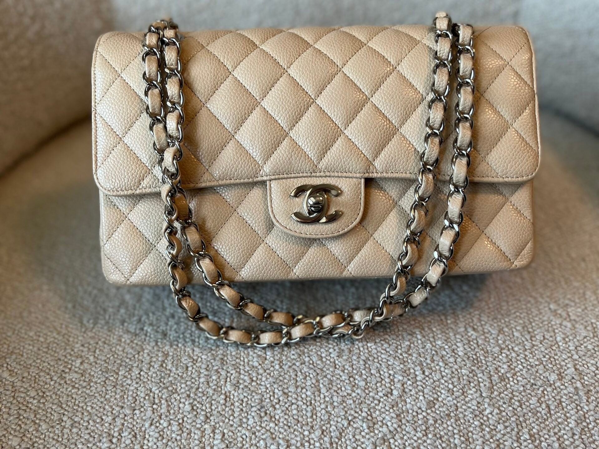 CHANEL Handbag Chanel Beige Clair Caviar Quilted Classic Flap Medium SHW - Redeluxe