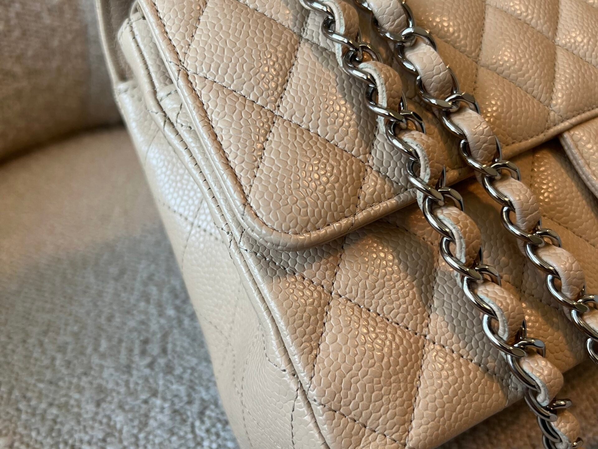 CHANEL Handbag Chanel Beige Clair Caviar Quilted Classic Flap Medium SHW - Redeluxe