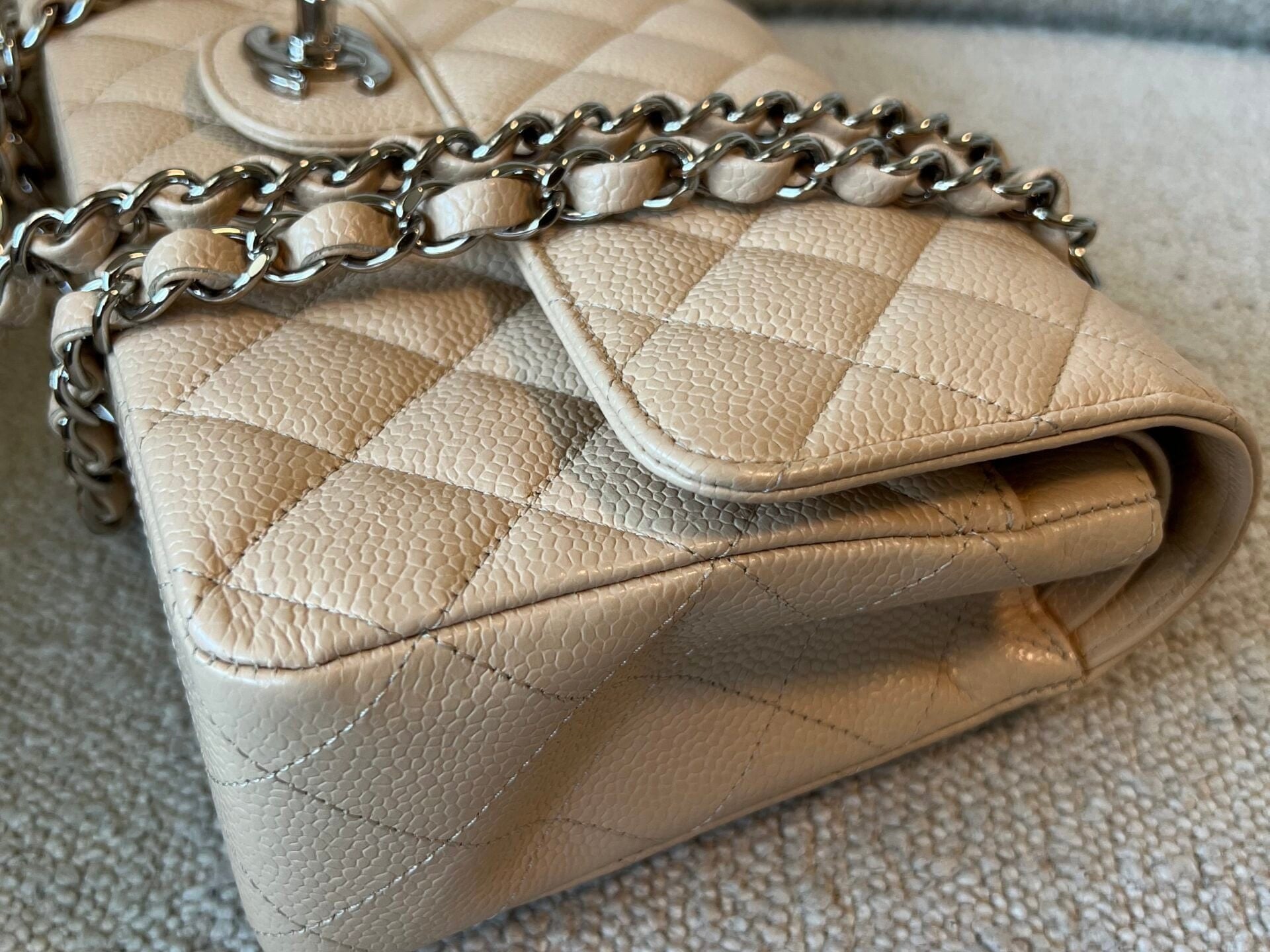 CHANEL Handbag Chanel Beige Clair Caviar Quilted Classic Flap Medium SHW - Redeluxe