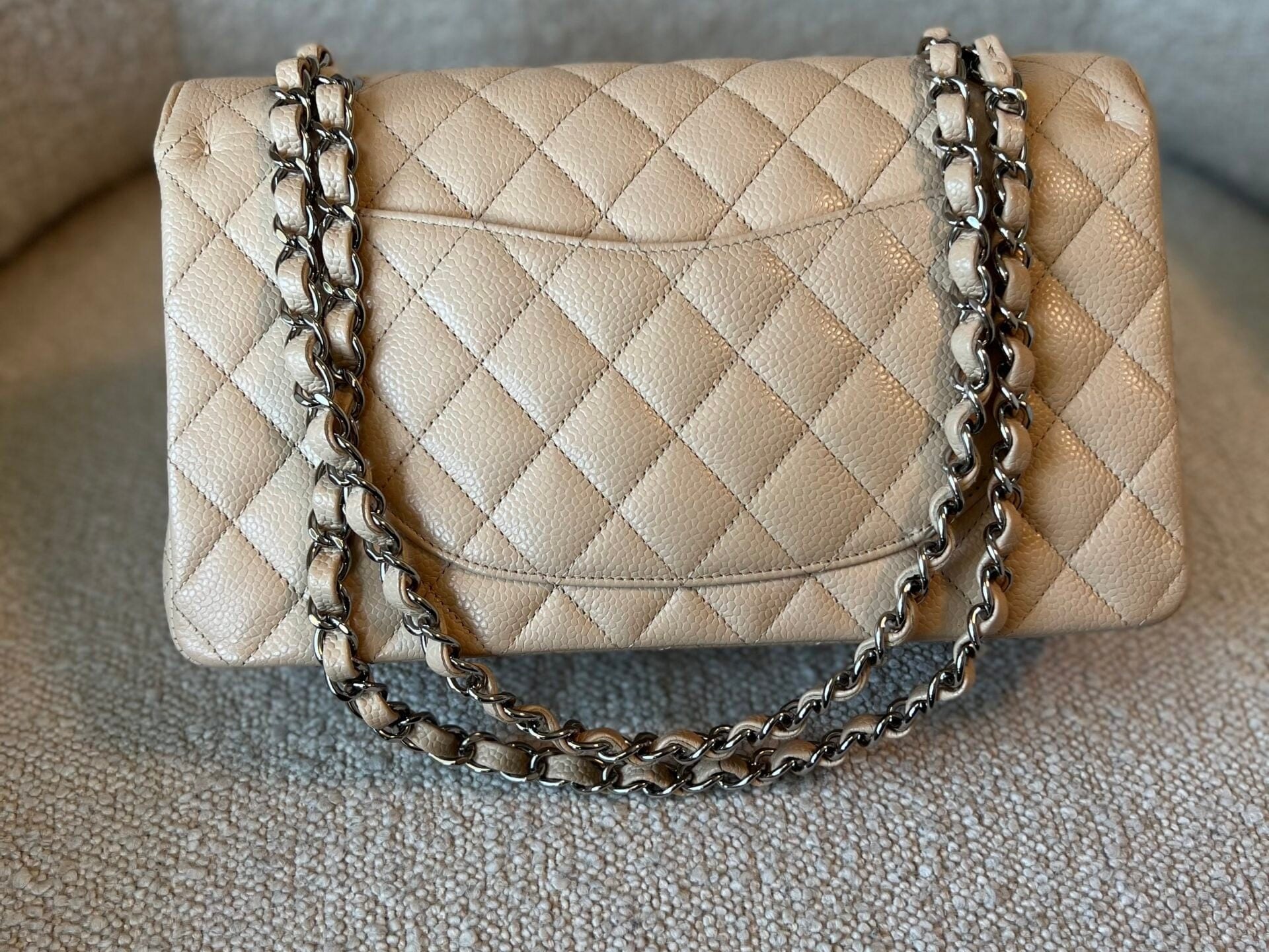 CHANEL Handbag Chanel Beige Clair Caviar Quilted Classic Flap Medium SHW - Redeluxe
