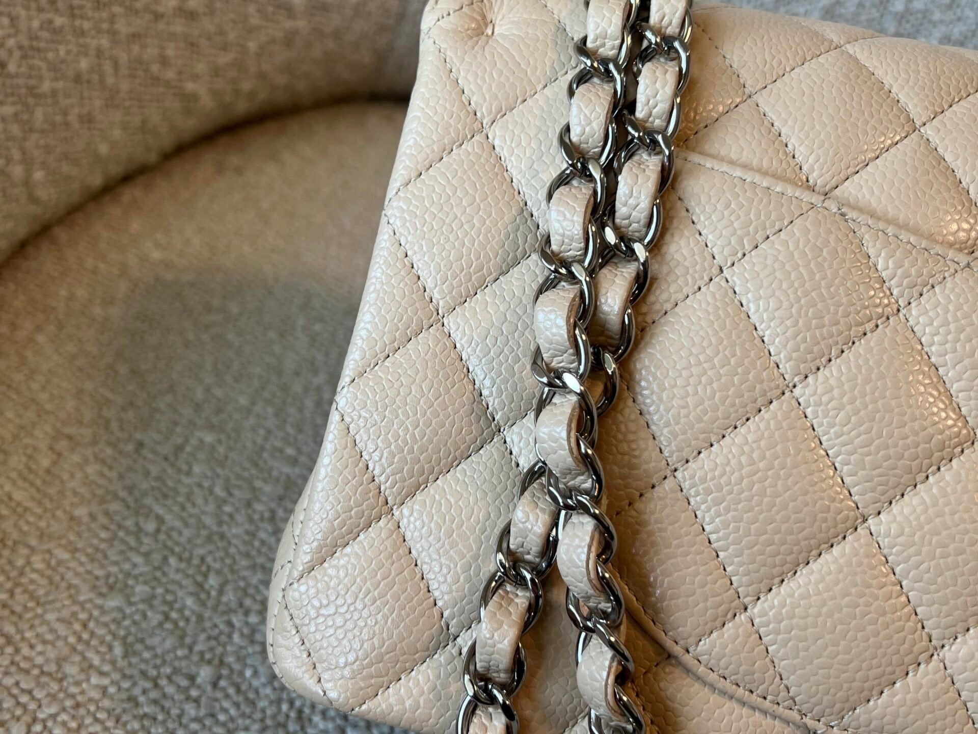 CHANEL Handbag Chanel Beige Clair Caviar Quilted Classic Flap Medium SHW - Redeluxe