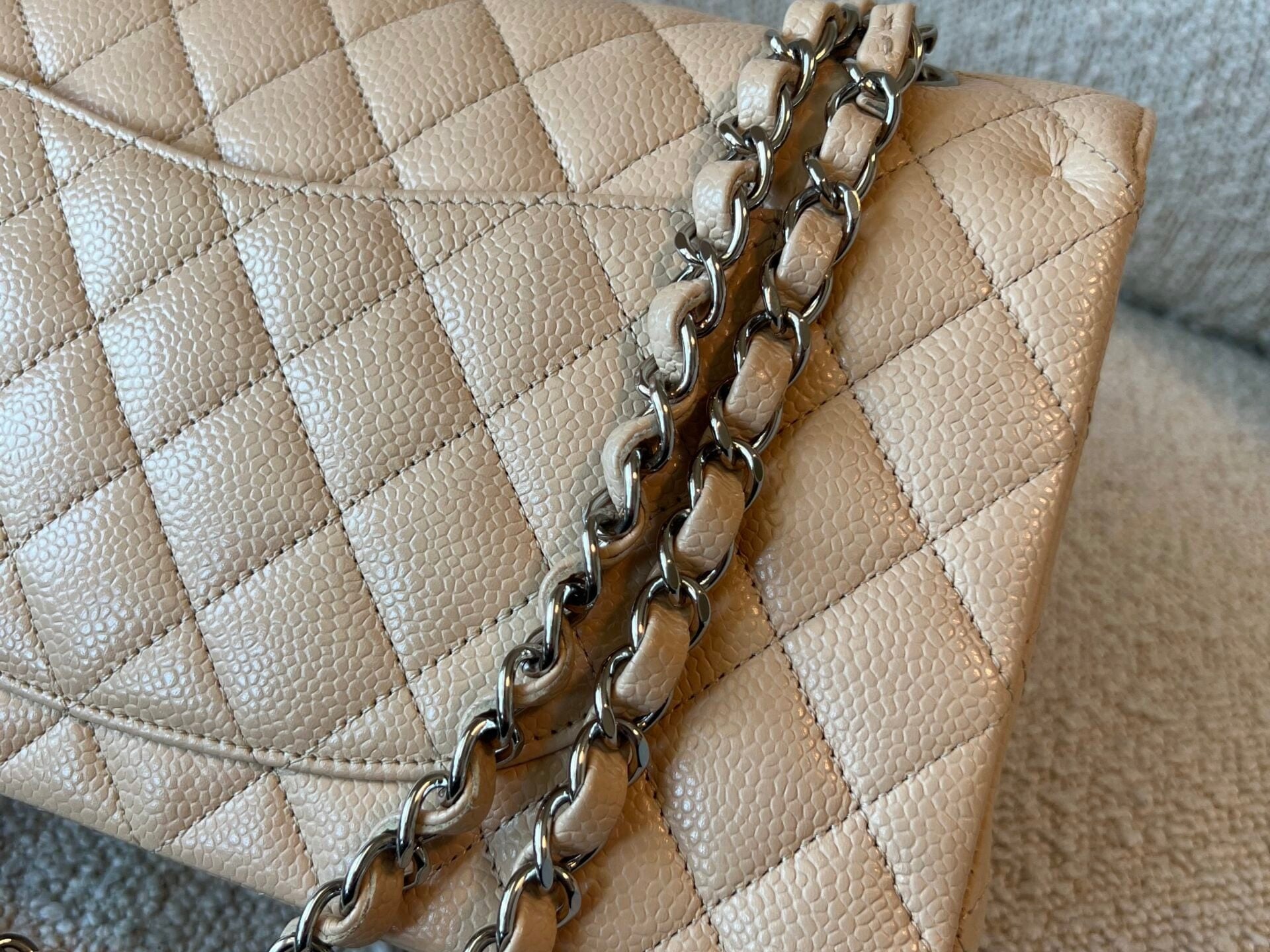 CHANEL Handbag Chanel Beige Clair Caviar Quilted Classic Flap Medium SHW - Redeluxe