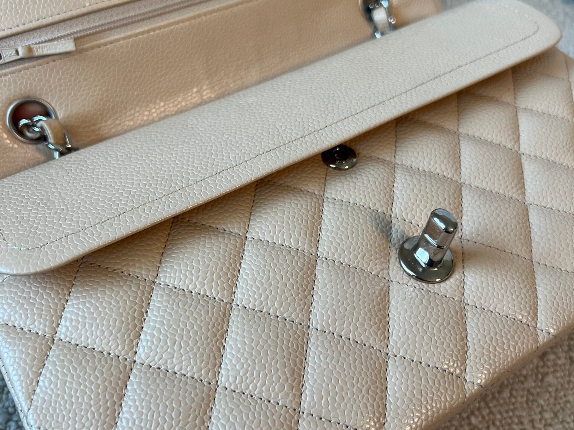 CHANEL Handbag Chanel Beige Clair Caviar Quilted Classic Flap Medium SHW - Redeluxe