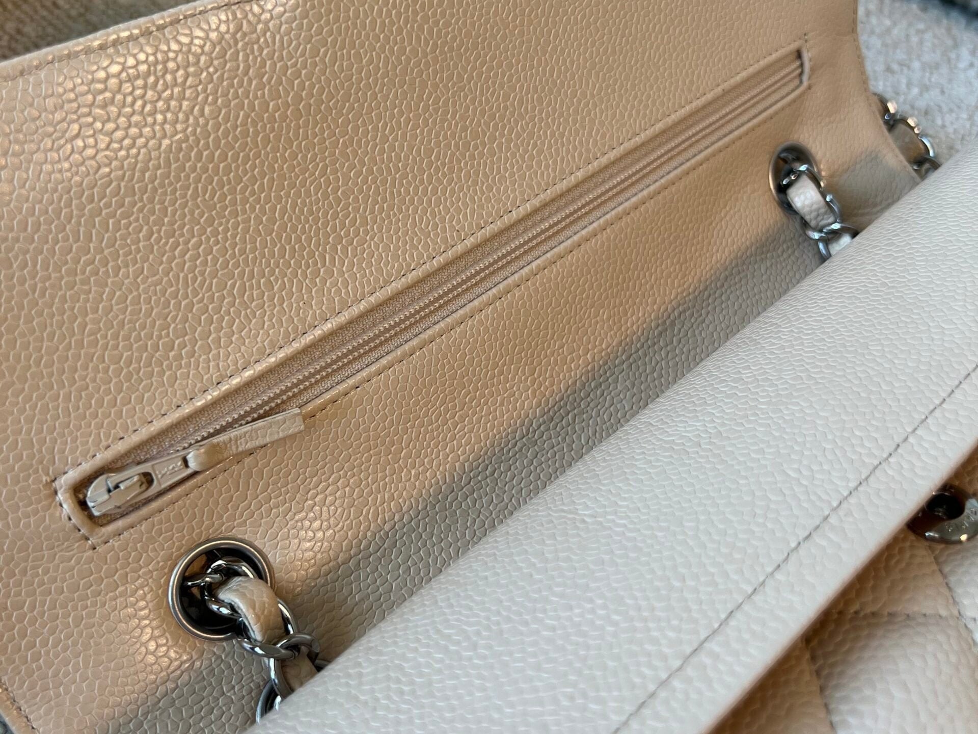 CHANEL Handbag Chanel Beige Clair Caviar Quilted Classic Flap Medium SHW - Redeluxe